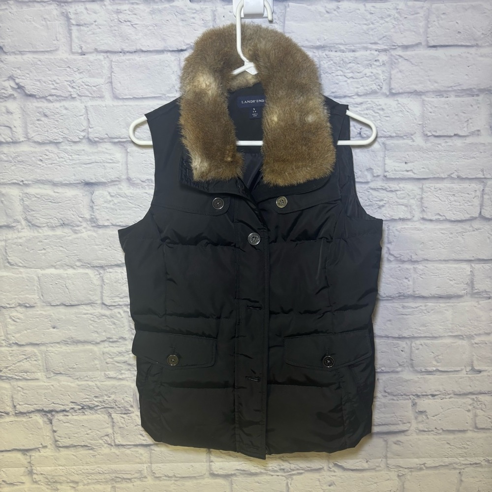 Lands' End Women's Goose Down Puffer Vest Faux Fur Hood Small Outdoor